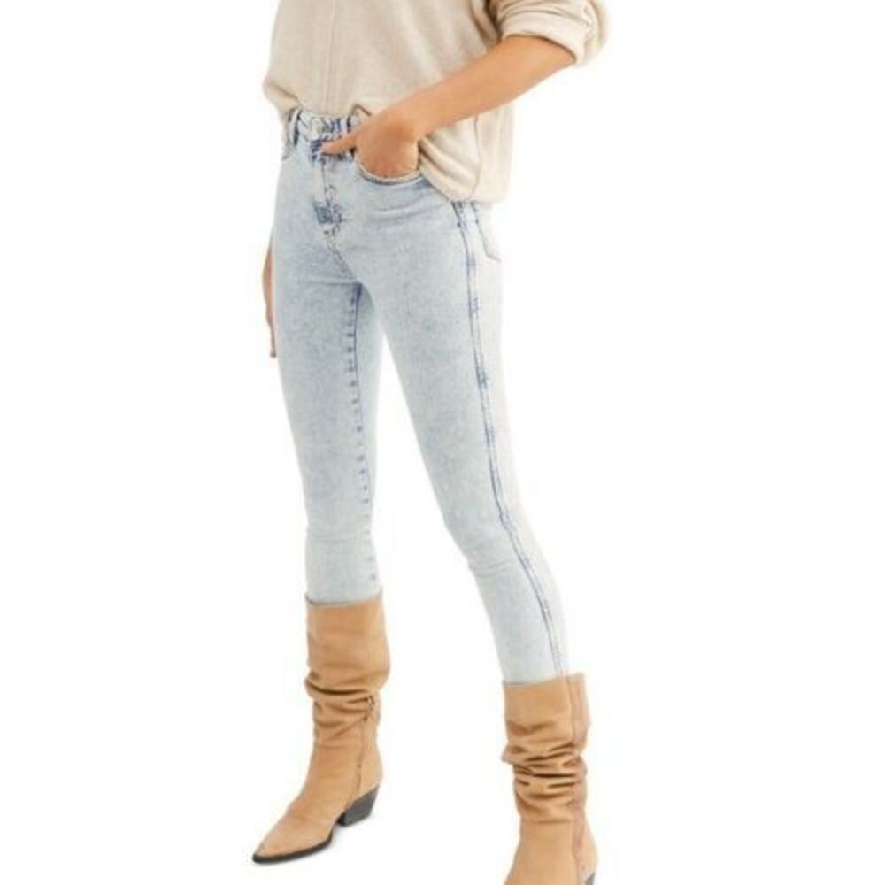 Free People High Waist Raw Hem Ankle Denim Leggings In Acid Wash Indigo 25